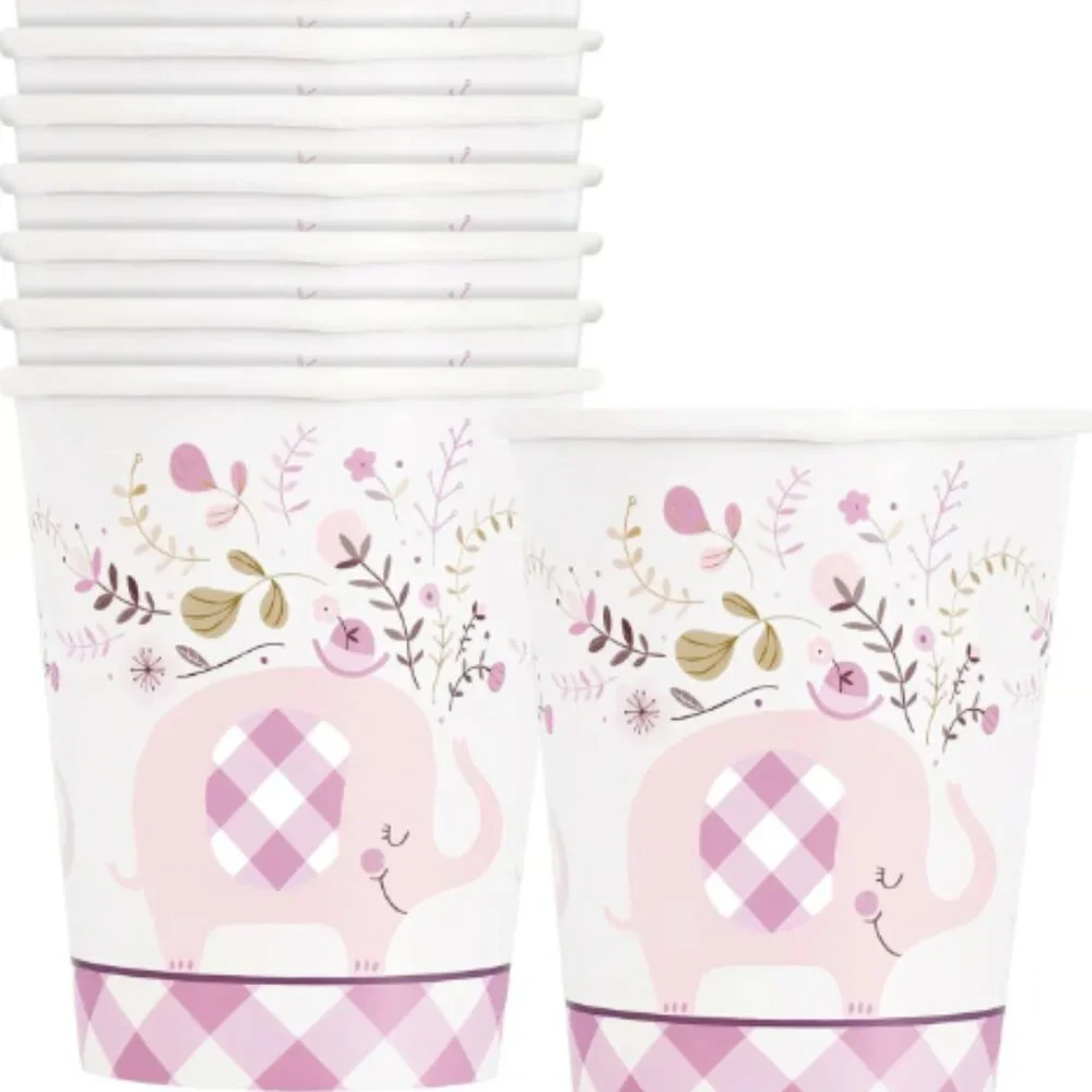 Unique Pink Paper Floral Elephant Paper Cups Party Supplies 8 Count